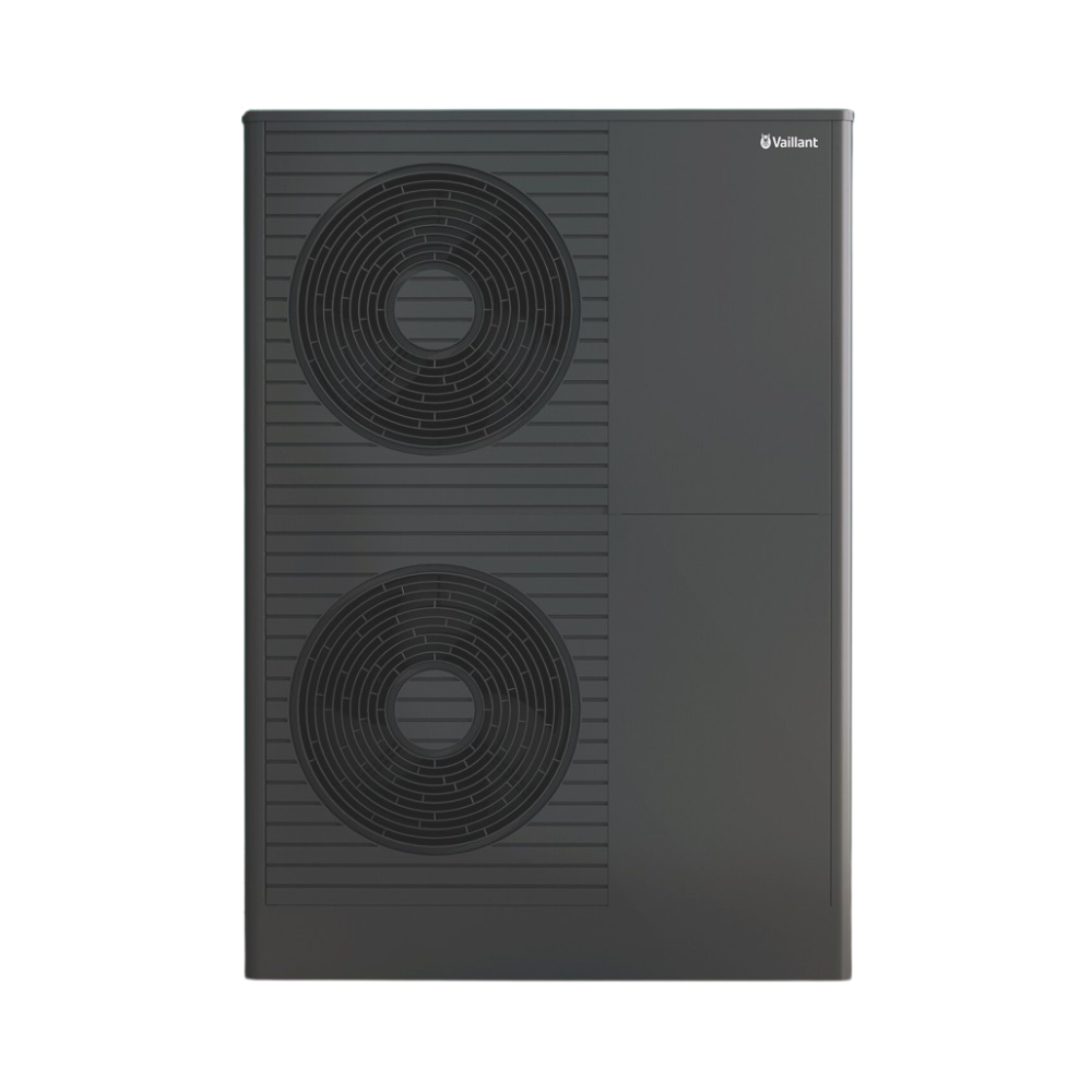 Vaillant outdoor heat pump condenser with two circular fans on the left and a dark panel on the right.