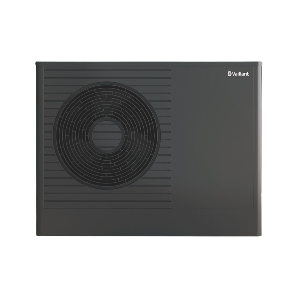 Outdoor Vaillant heat pump/condenser unit with a large circular fan on the left side.