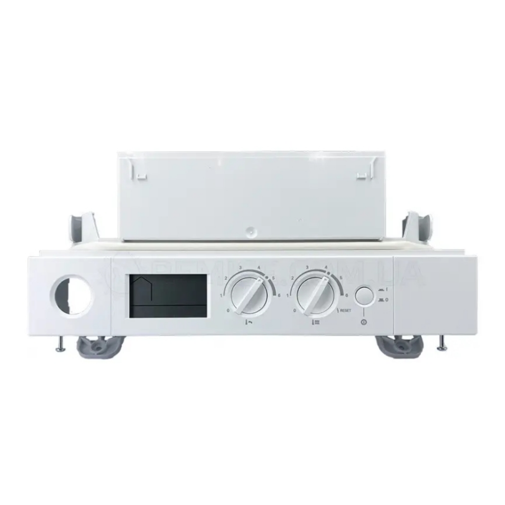 White kitchen appliance control panel featuring two large knobs and a small display screen on the front.