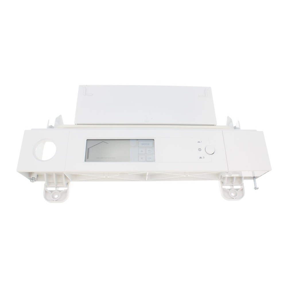 White electronic control panel with small LCD display and keypad on a rectangular housing.