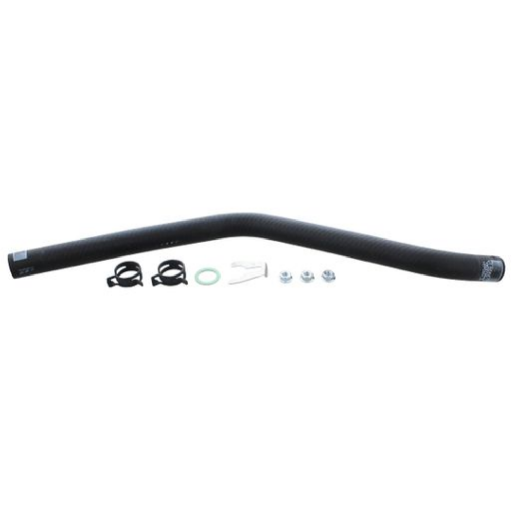 Black silicone hose with multiple hose clamps and small fittings laid out on a white background (auto part kit).