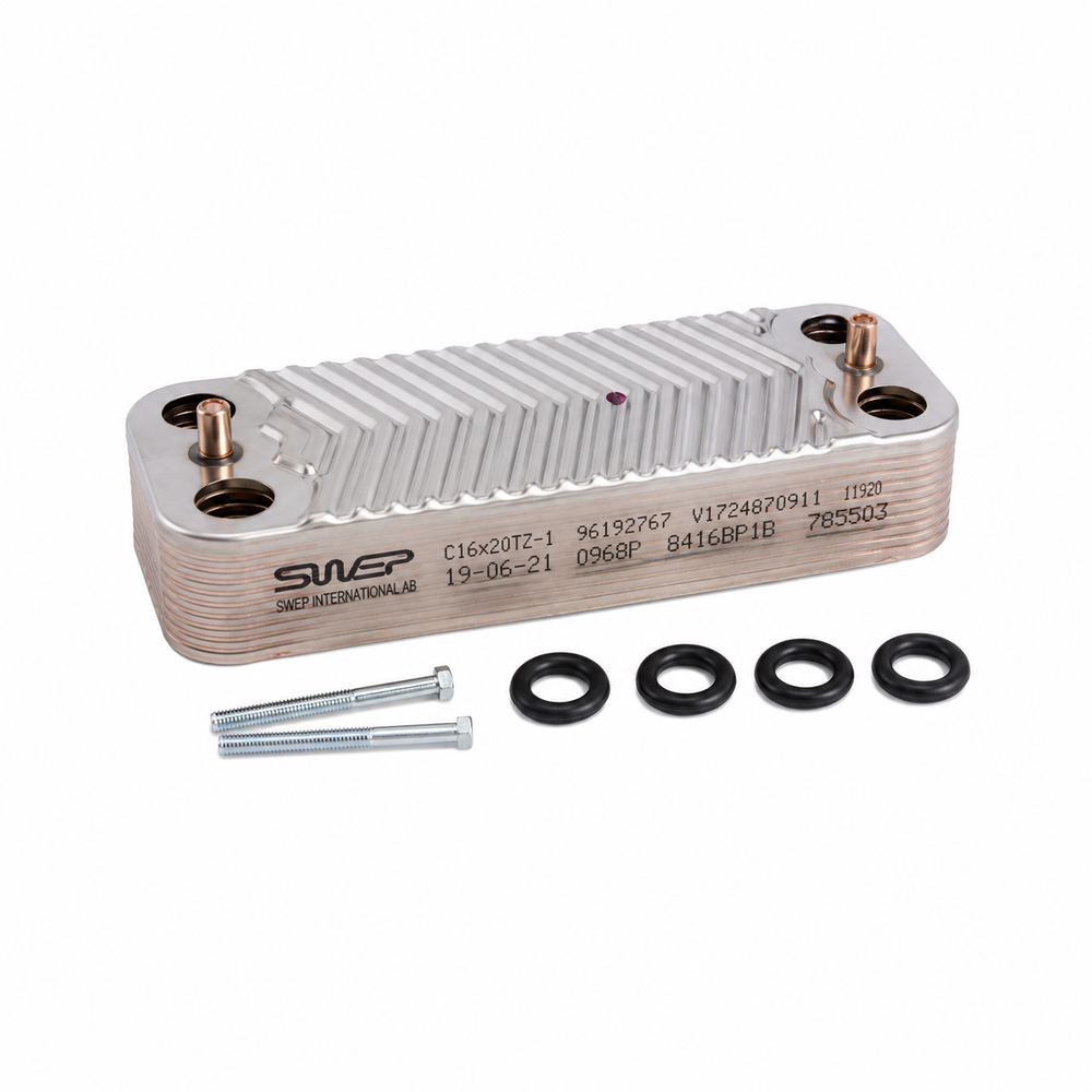 Plate-style aluminum oil cooler with ribbed surface, two copper fittings, and accompanying screws and four black O-rings (gasket set). It appears ready for installation in a compact automotive cooling system.