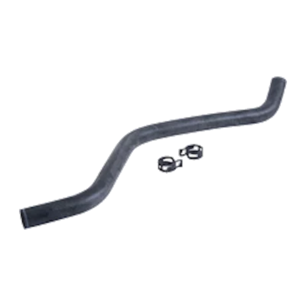 Curved rubber hose with two metal hose clamps beside it on a white background